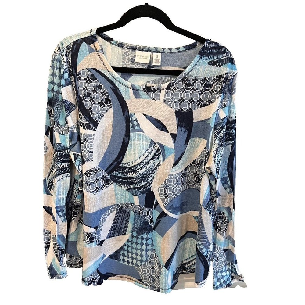 Chicos Weekends Pullover Top  XL Geometric  Blue Purple Long Sleeve